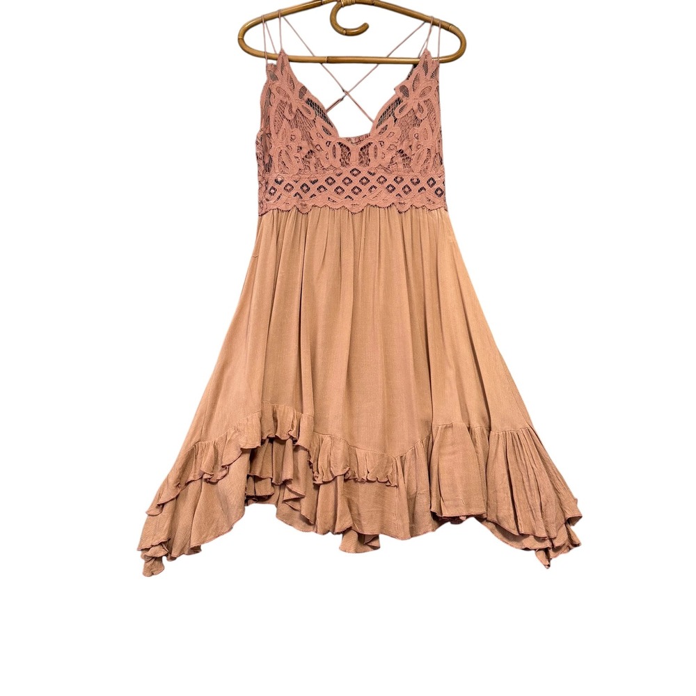 Free People One | Adella Slip Dress Rose Pink Boho Lace Mini Size L - Picture 4 of 15